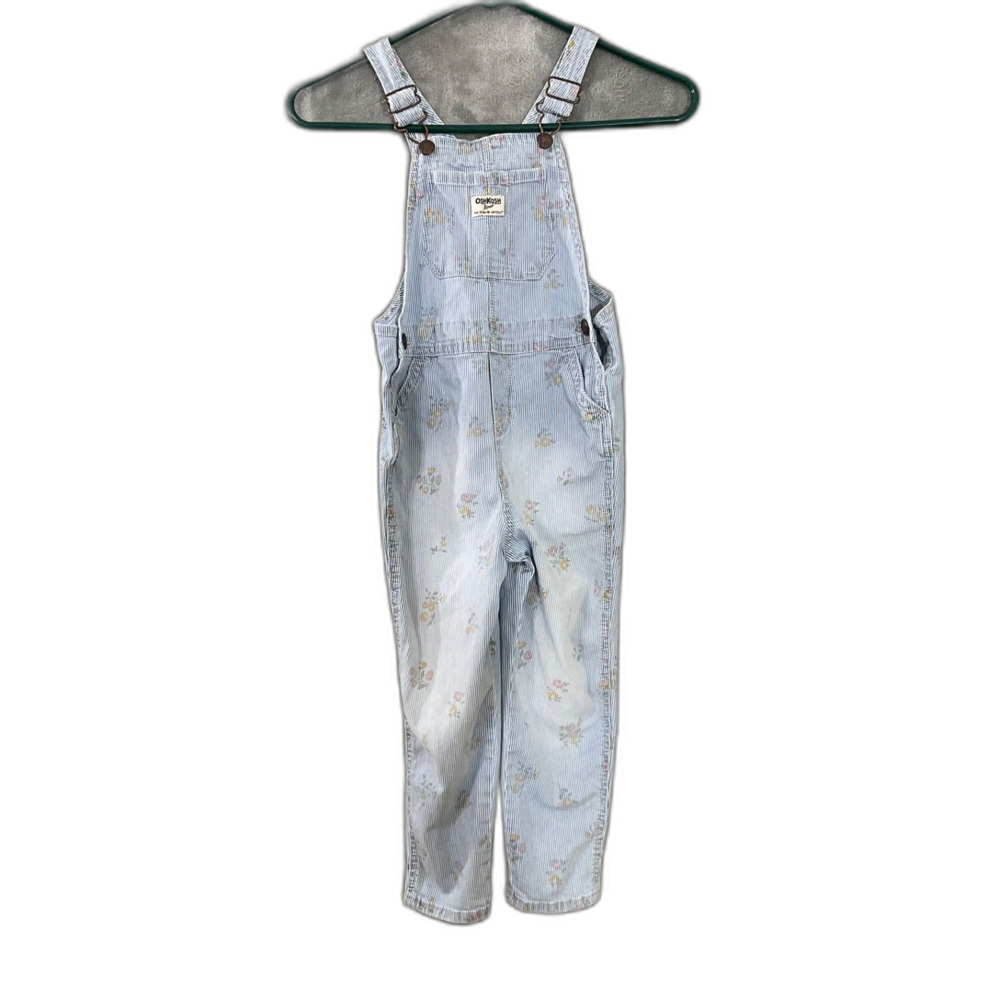 Oshkosh Floral stripes Print Denim Bib Girls Overalls Size 5T * faded pockets